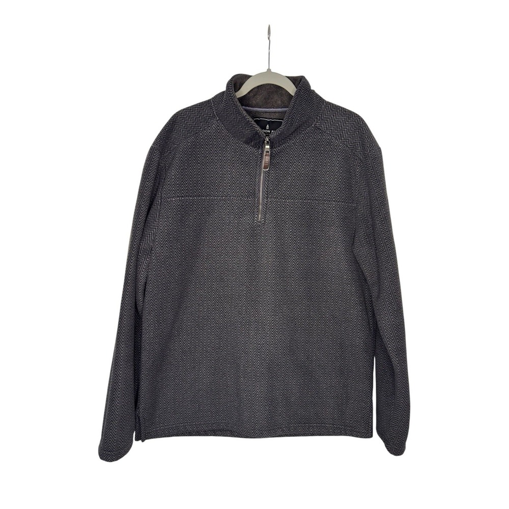 London Fog Men's XL Black Gray Herringbone Quarter Zip Fleece Pullover